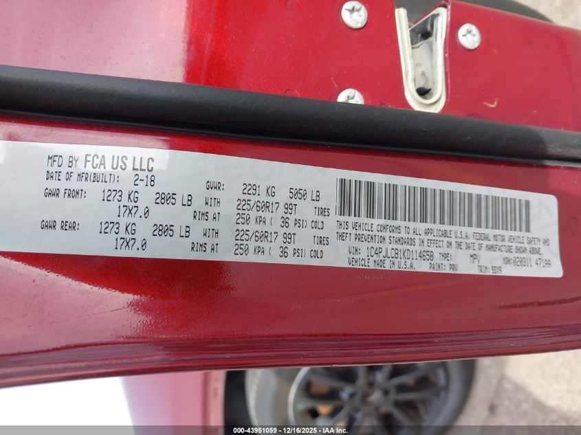 2019 Jeep Cherokee Latitude Fwd VIN: 1C4PJLCB1KD114658 Lot: 43951059