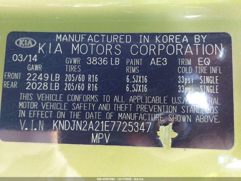 2014 Kia Soul VIN: KNDJN2A21E7725347 Lot: 43951060