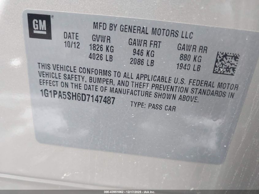 2013 Chevrolet Cruze Ls Auto VIN: 1G1PA5SH6D7147487 Lot: 43951062