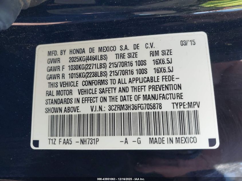 2015 Honda Cr-V Lx VIN: 3CZRM3H36FG705878 Lot: 43951063