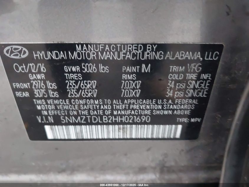 2017 Hyundai Santa Fe Sport 2.4L VIN: 5NMZTDLB2HH021690 Lot: 43951068