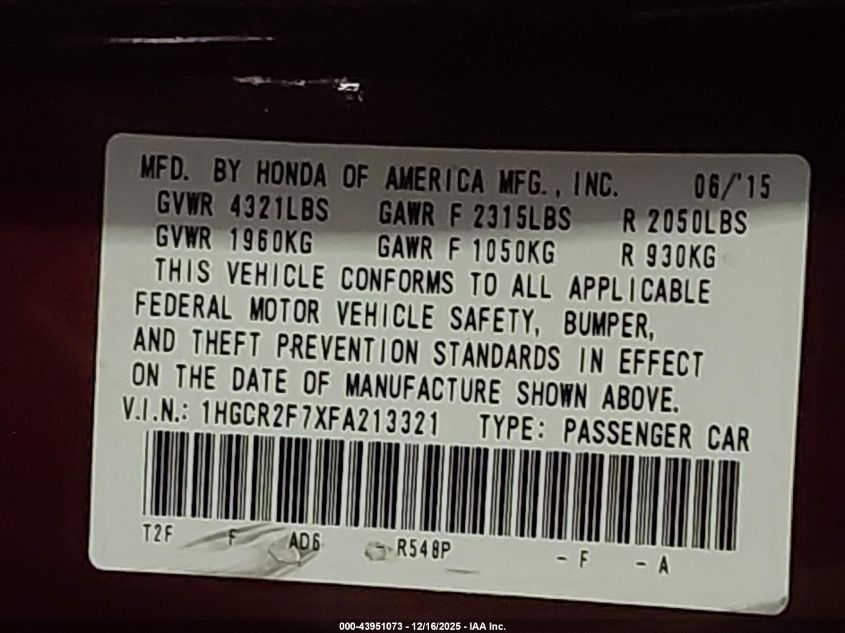 2015 Honda Accord Ex VIN: 1HGCR2F7XFA213321 Lot: 43951073