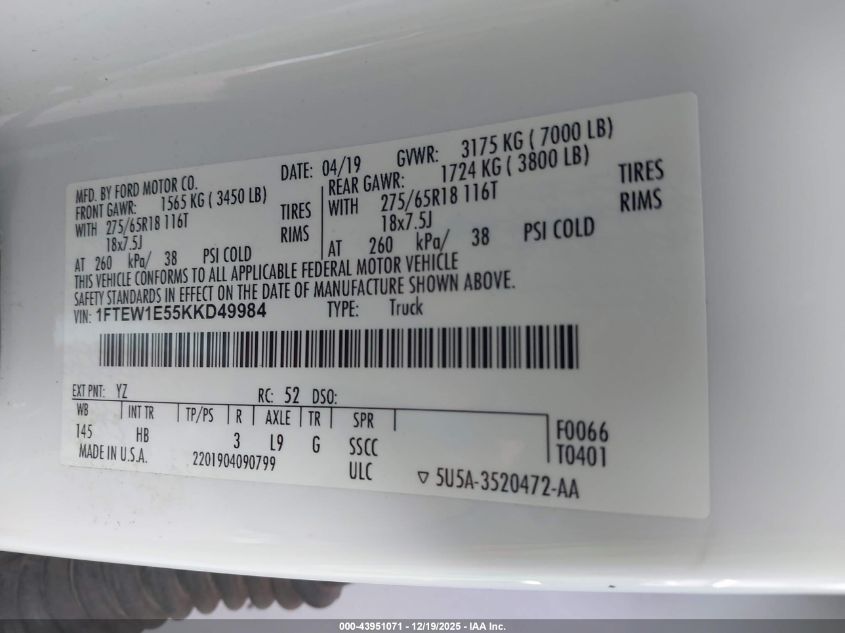 2019 Ford F-150 Lariat VIN: 1FTEW1E55KKD49984 Lot: 43951071