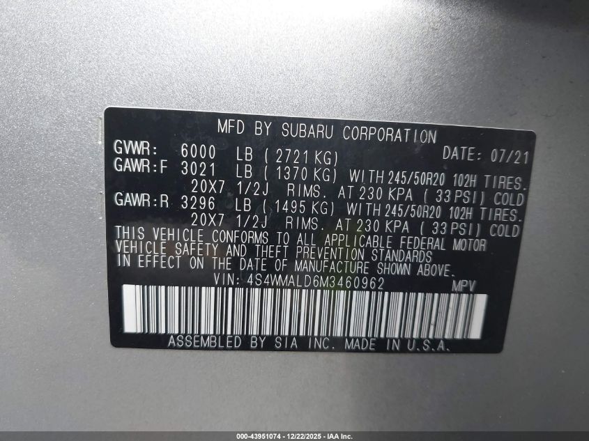 2021 Subaru Ascent Limited VIN: 4S4WMALD6M3460962 Lot: 43951074