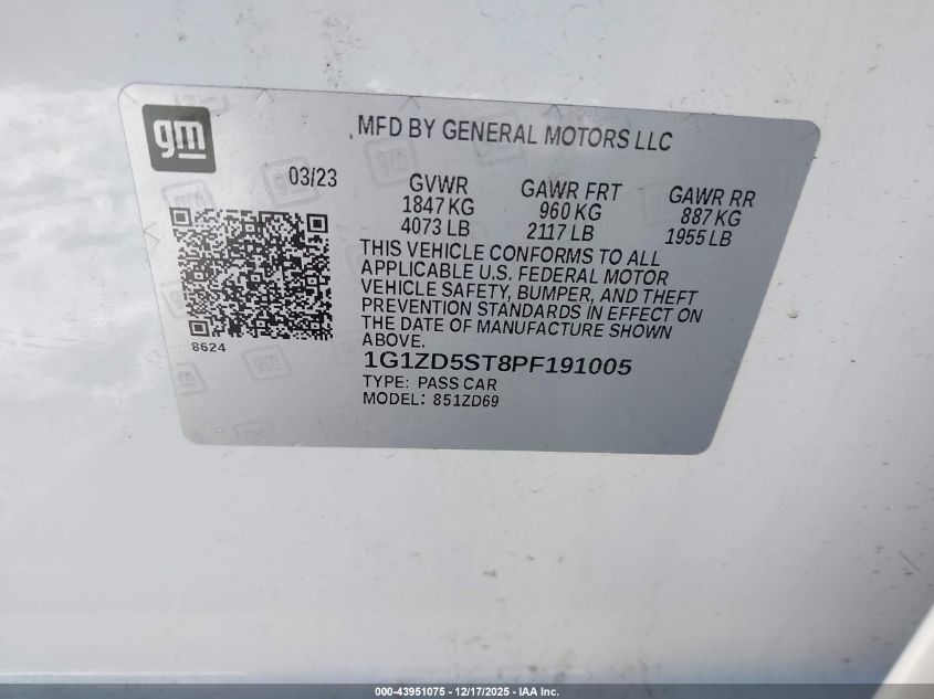 2023 Chevrolet Malibu Fwd 1Lt VIN: 1G1ZD5ST8PF191005 Lot: 43951075