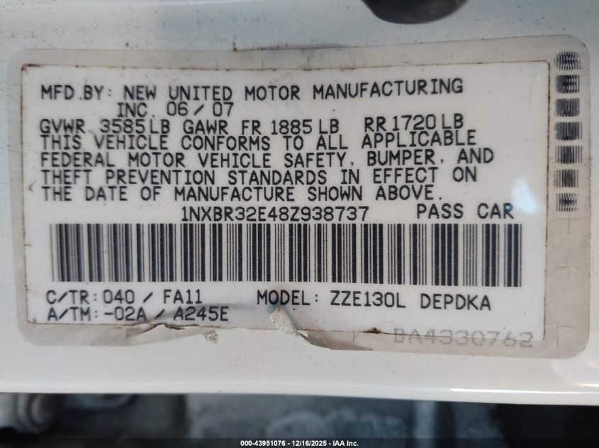 2008 Toyota Corolla Ce VIN: 1NXBR32E48Z938737 Lot: 43951076