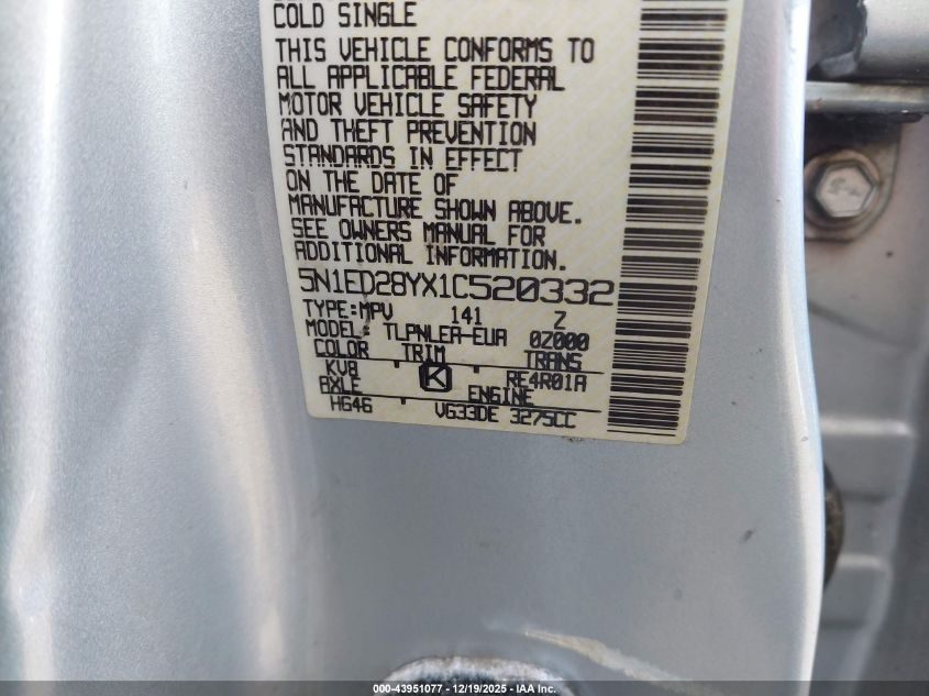 2001 Nissan Xterra Xe VIN: 5N1ED28YX1C520332 Lot: 43951077