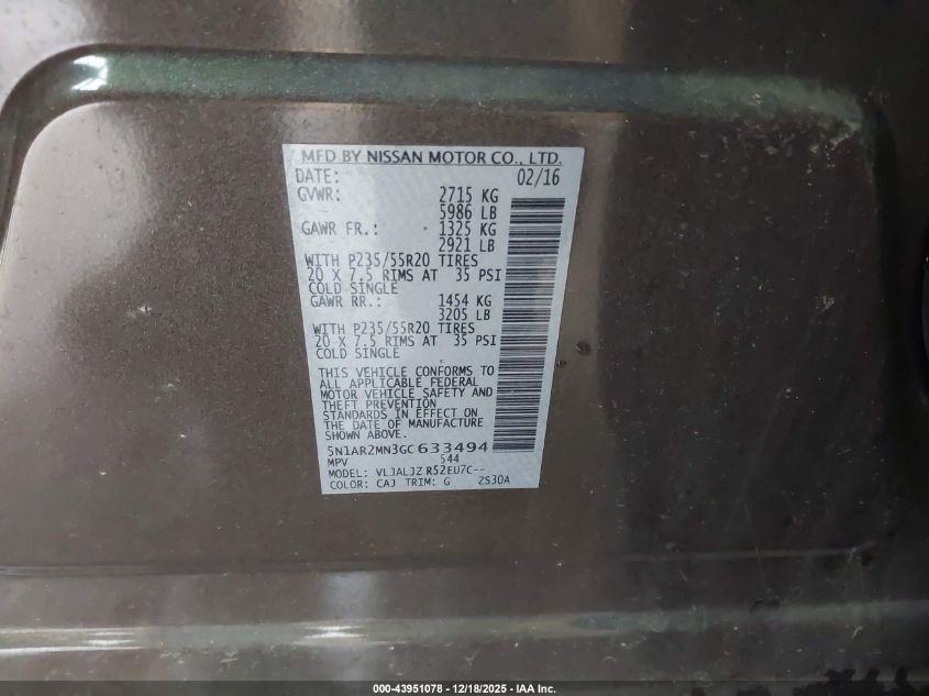 2016 Nissan Pathfinder Platinum VIN: 5N1AR2MN3GC633494 Lot: 43951078