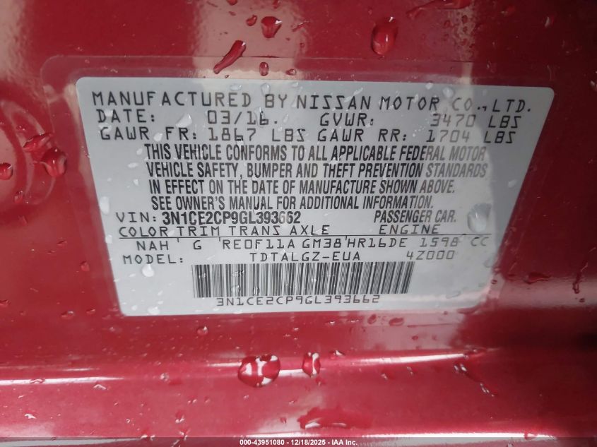 2016 Nissan Versa Note Sr VIN: 3N1CE2CP9GL393662 Lot: 43951080