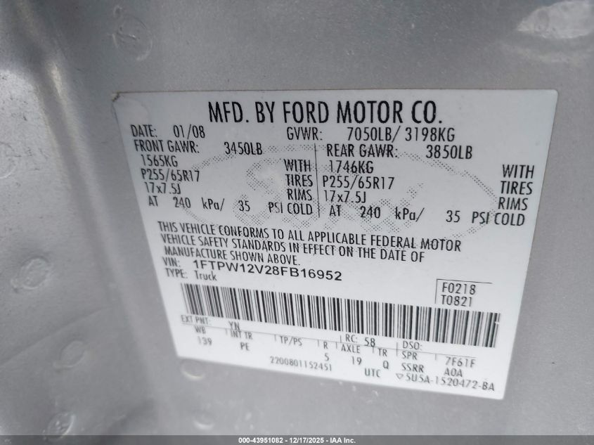 2008 Ford F-150 60Th Anniversary/Fx2/King Ranch/Lariat/Xlt VIN: 1FTPW12V28FB16952 Lot: 43951082