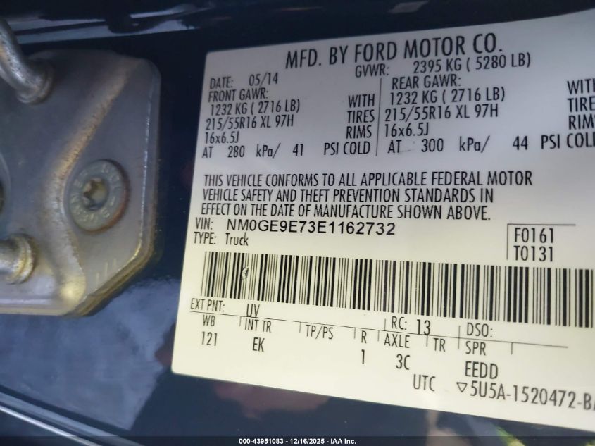 2014 Ford Transit Connect Xl VIN: NM0GE9E73E1162732 Lot: 43951083