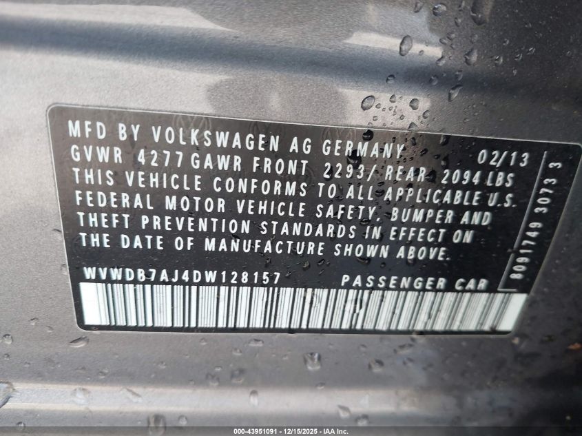 2013 Volkswagen Golf 2.5L 4-Door VIN: WVWDB7AJ4DW128157 Lot: 43951091