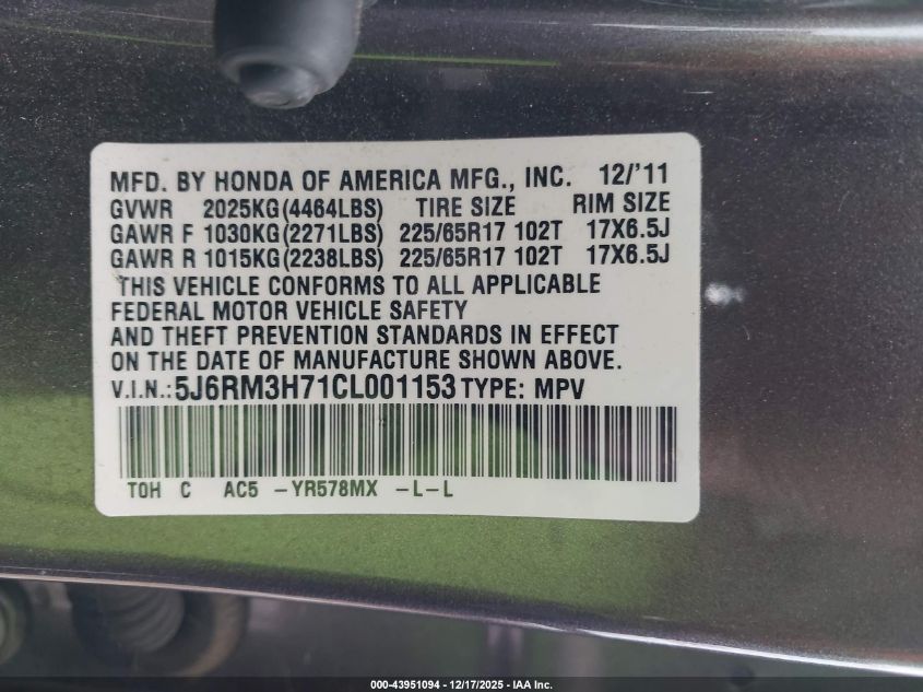 2012 Honda Cr-V Ex-L VIN: 5J6RM3H71CL001153 Lot: 43951094