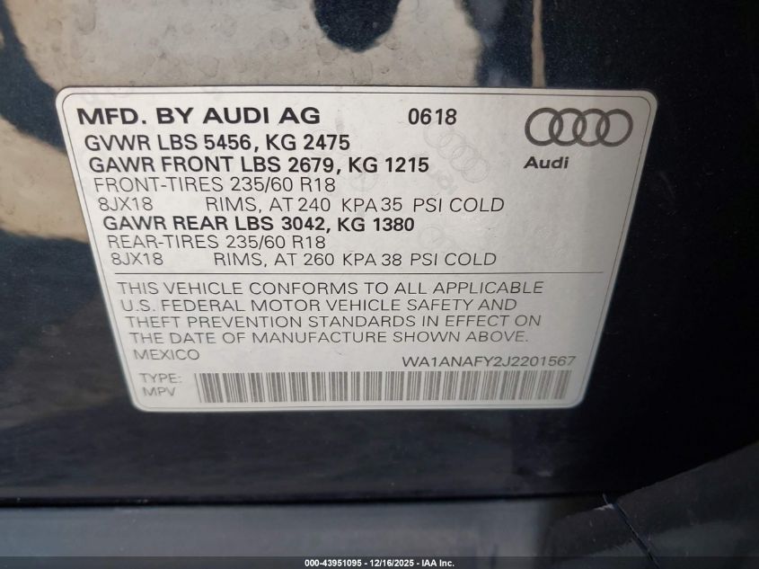 2018 Audi Q5 2.0T Premium/2.0T Tech Premium VIN: WA1ANAFY2J2201567 Lot: 43951095