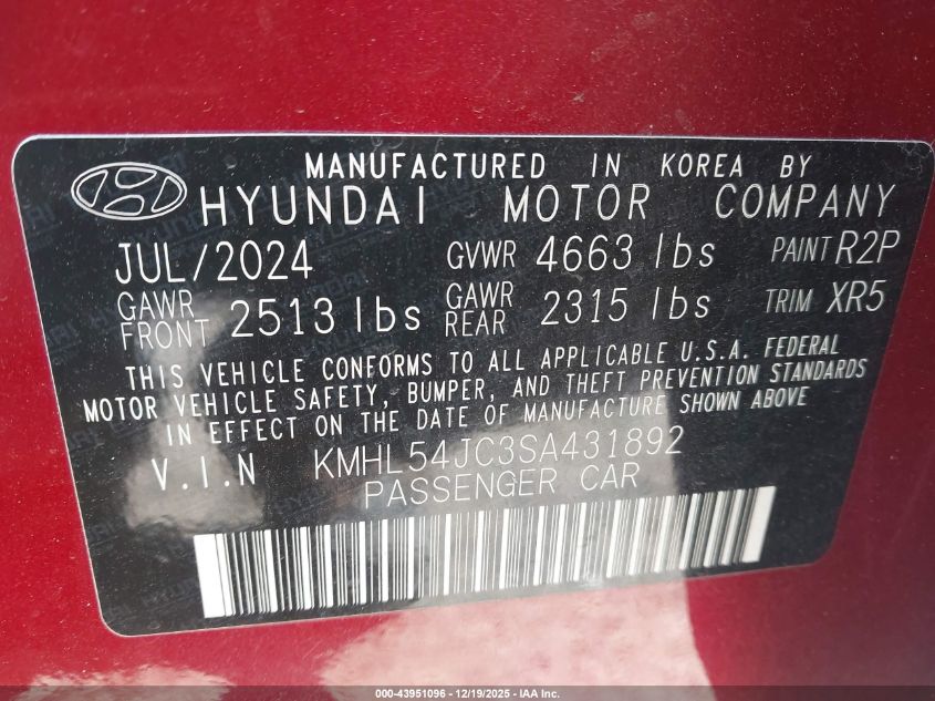 2025 Hyundai Sonata N Line VIN: KMHL54JC3SA431892 Lot: 43951096