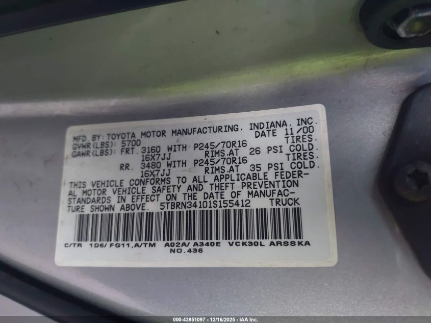 2001 Toyota Tundra Sr5 VIN: 5TBRN34101S155412 Lot: 43951097