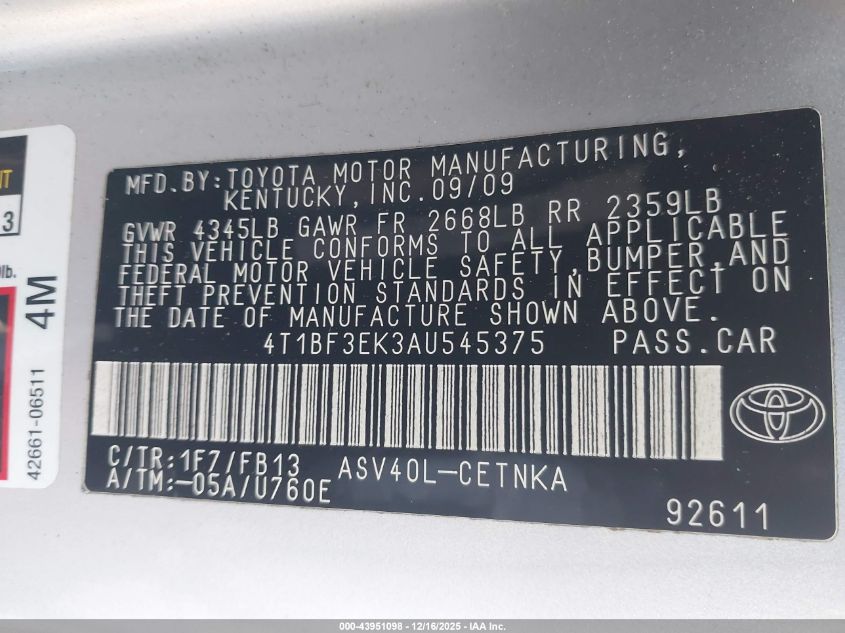 2010 Toyota Camry Le VIN: 4T1BF3EK3AU545375 Lot: 43951098