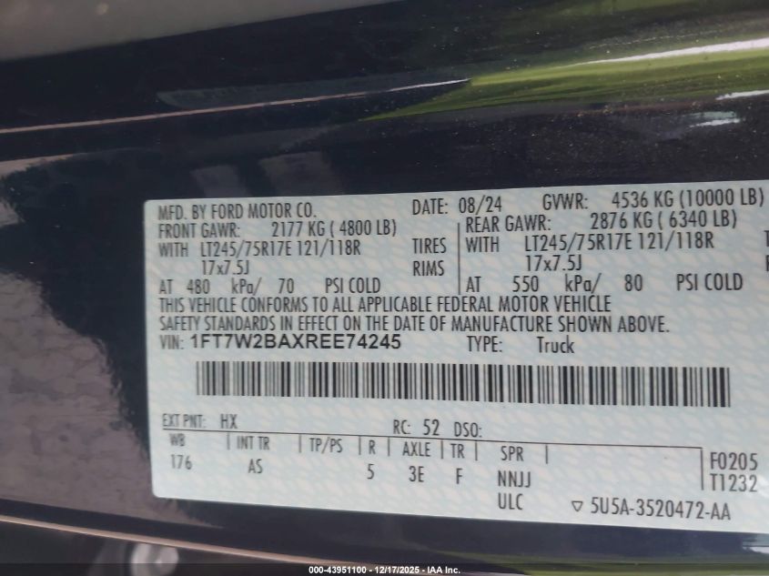 2024 Ford F-250 Xl VIN: 1FT7W2BAXREE74245 Lot: 43951100