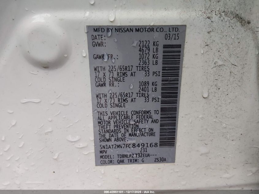 2015 Nissan Rogue S VIN: 5N1AT2MV7FC849168 Lot: 43951101