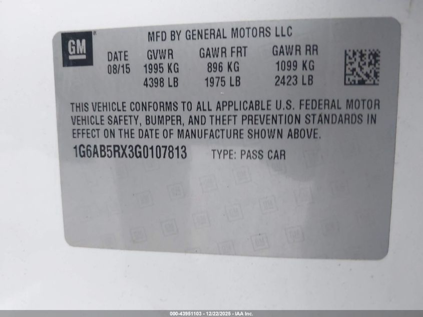 2016 Cadillac Ats Luxury Collection VIN: 1G6AB5RX3G0107813 Lot: 43951103