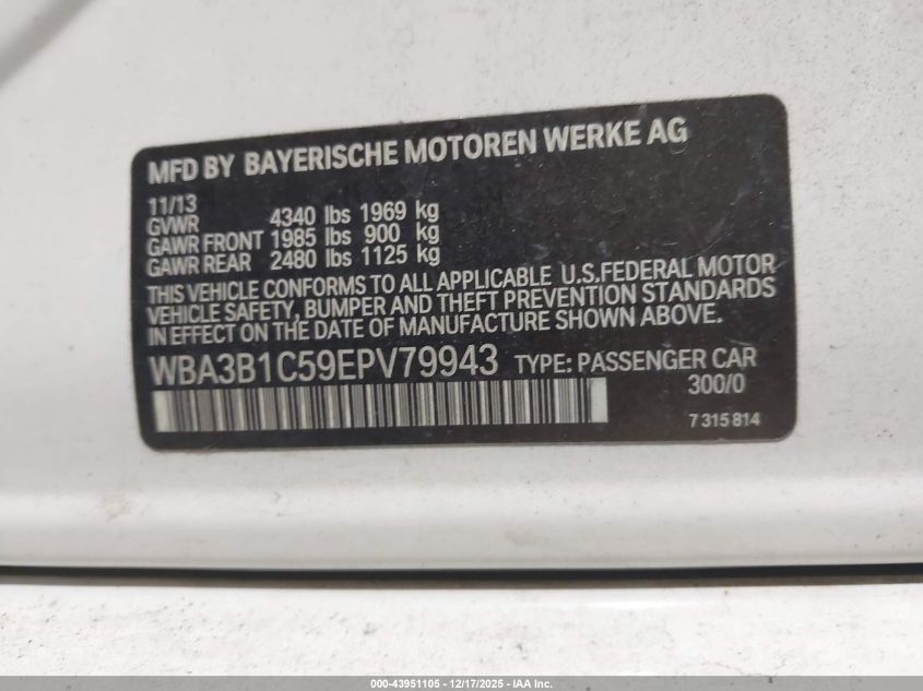 2014 BMW 320I VIN: WBA3B1C59EPV79943 Lot: 43951105