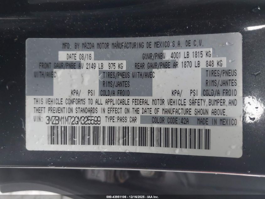 2016 Mazda Mazda3 I Touring VIN: 3MZBM1M72GM325599 Lot: 43951106