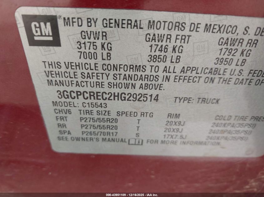 2017 Chevrolet Silverado 1500 1Lt VIN: 3GCPCREC2HG292514 Lot: 43951109