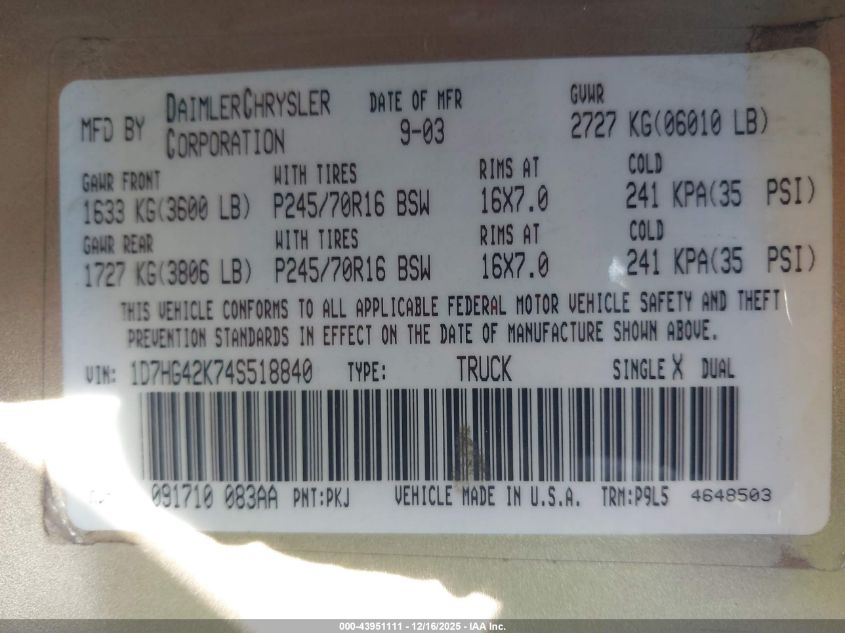 2004 Dodge Dakota Slt VIN: 1D7HG42K74S518840 Lot: 43951111