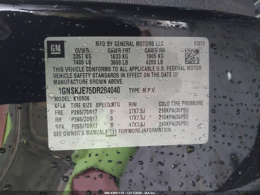 2013 Chevrolet Suburban 1500 Lt VIN: 1GNSKJE75DR284040 Lot: 43951115