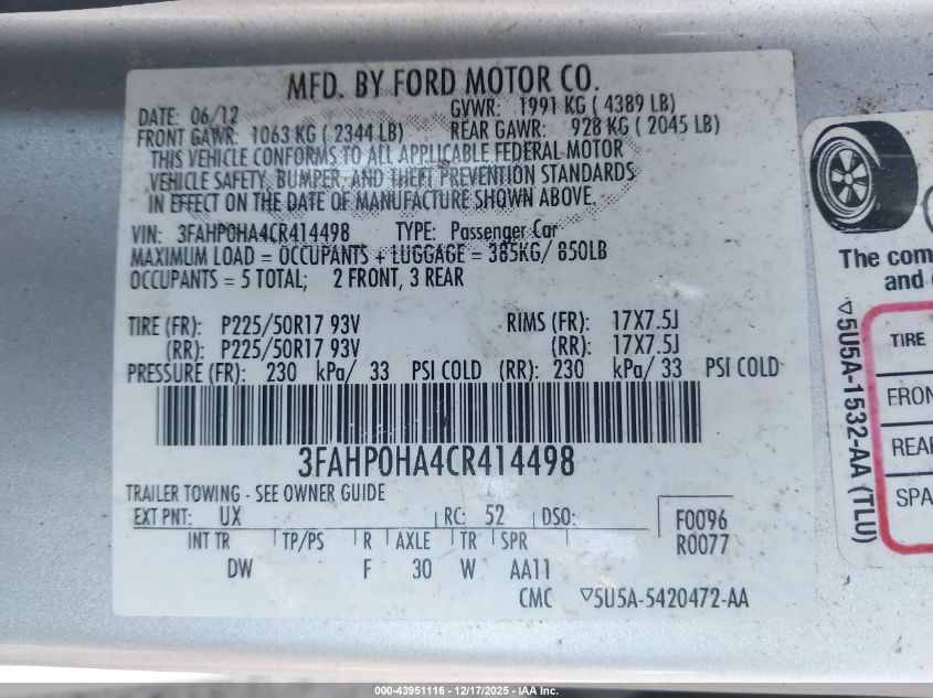 2012 Ford Fusion Se VIN: 3FAHP0HA4CR414498 Lot: 43951116