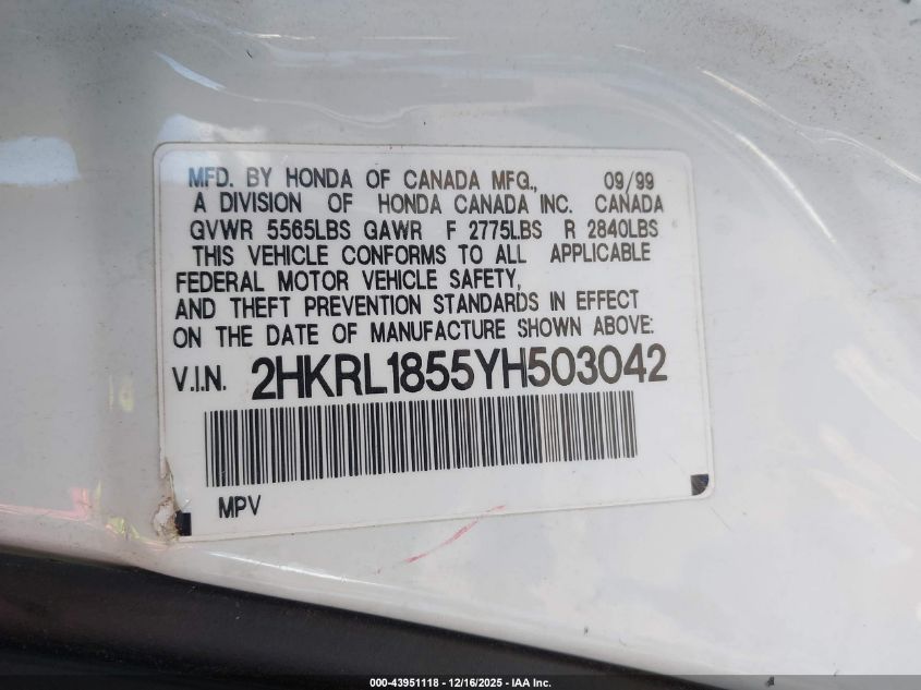 2000 Honda Odyssey Lx VIN: 2HKRL1855YH503042 Lot: 43951118