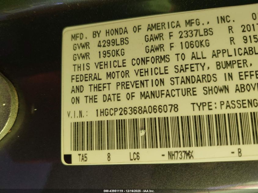 2008 Honda Accord 2.4 Lx VIN: 1HGCP26368A066078 Lot: 43951119