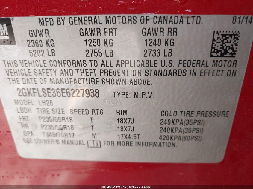 2014 GMC Terrain Slt-1 VIN: 2GKFLSE36E6227938 Lot: 43951121