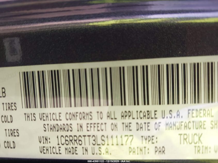 2020 Ram 1500 Classic Slt 4X2 6'4 Box VIN: 1C6RR6TT3LS111177 Lot: 43951122