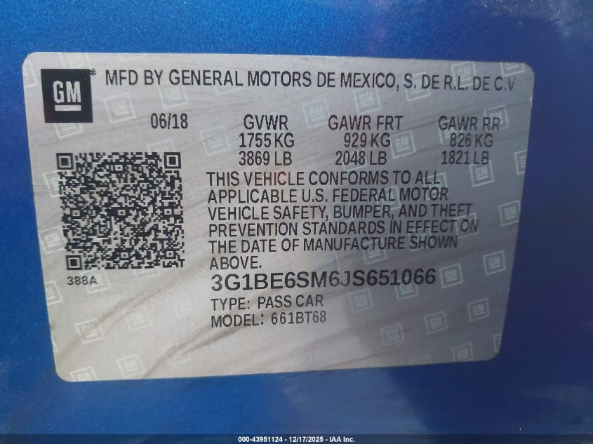 2018 Chevrolet Cruze Lt Auto VIN: 3G1BE6SM6JS651066 Lot: 43951124