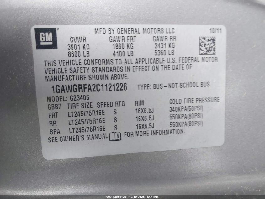 2012 Chevrolet Express 2500 Lt VIN: 1GAWGRFA2C1121226 Lot: 43951129