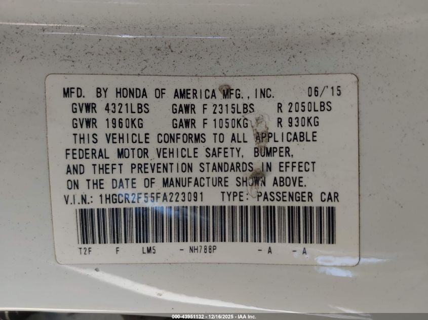 2015 Honda Accord Sport VIN: 1HGCR2F55FA223091 Lot: 43951132