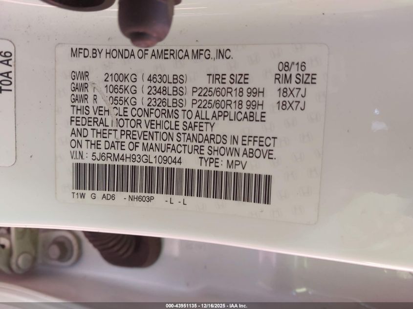 2016 Honda Cr-V Touring VIN: 5J6RM4H93GL109044 Lot: 43951135