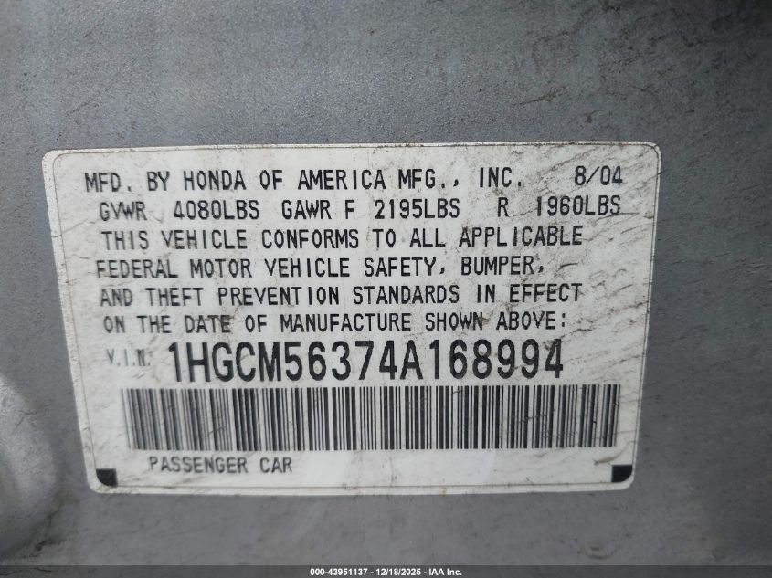 2004 Honda Accord 2.4 Lx VIN: 1HGCM56374A168994 Lot: 43951137