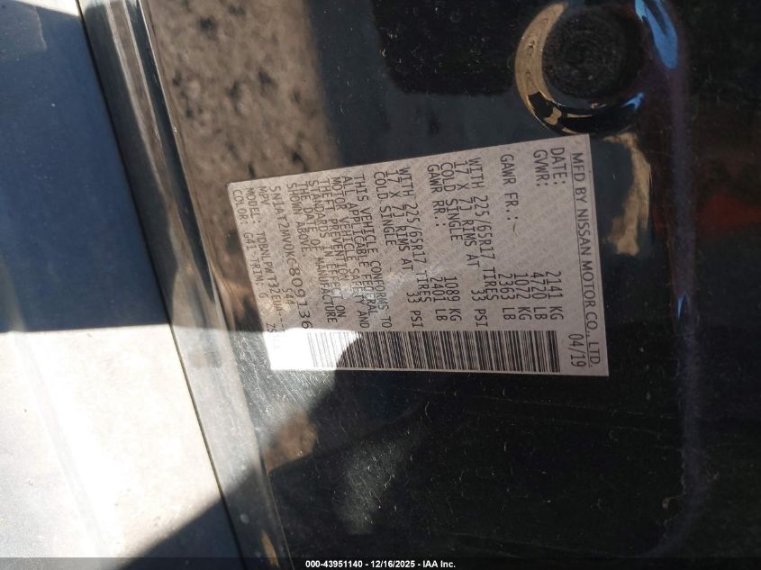 2019 Nissan Rogue S VIN: 5N1AT2MV0KC809136 Lot: 43951140