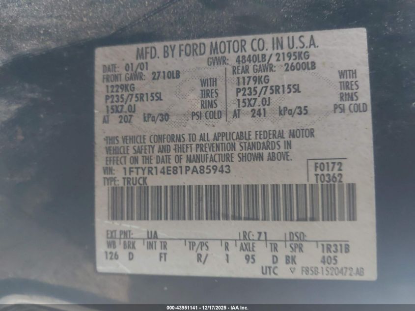 2001 Ford Ranger Edge/Xlt VIN: 1FTYR14E81PA85943 Lot: 43951141