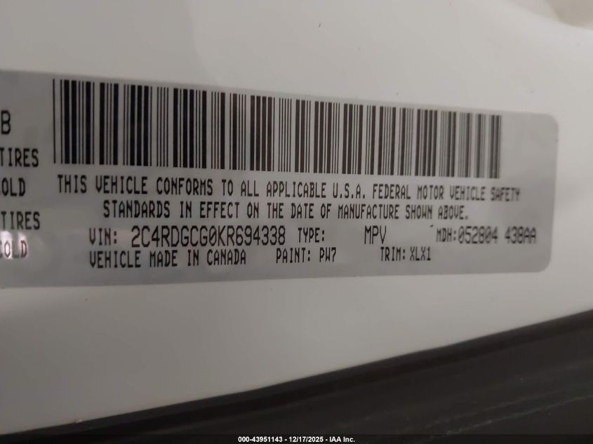 2019 Dodge Grand Caravan Sxt VIN: 2C4RDGCG0KR694338 Lot: 43951143