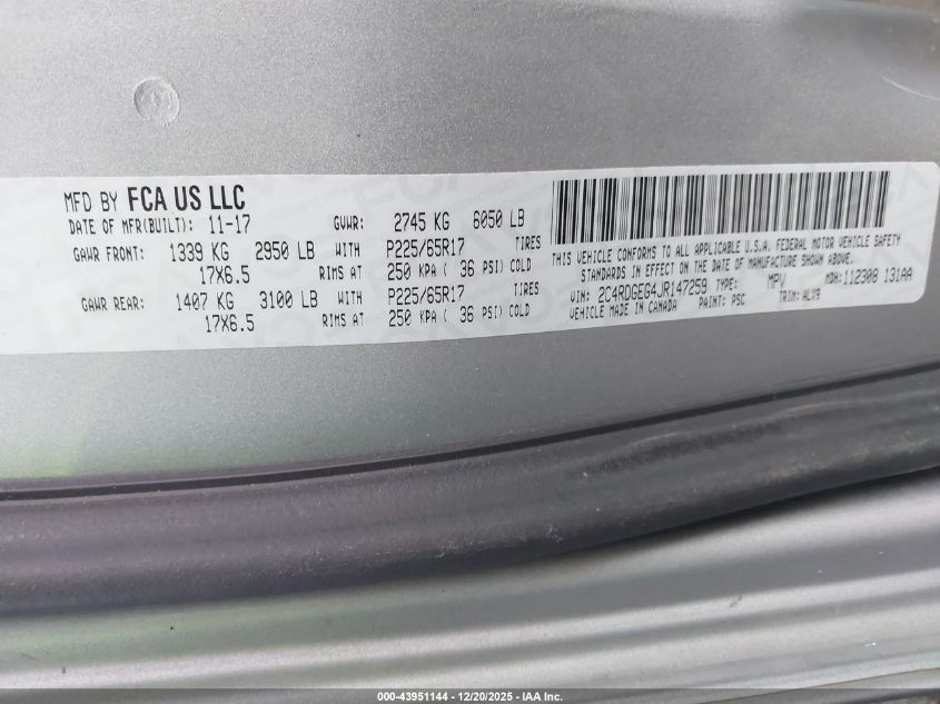 2018 Dodge Grand Caravan Gt VIN: 2C4RDGEG4JR147259 Lot: 43951144