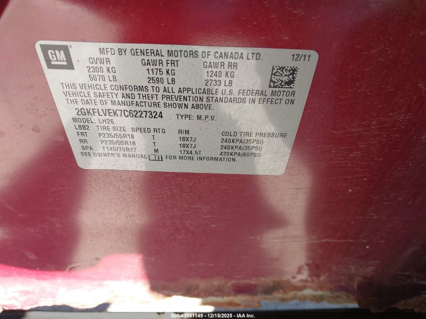 2012 GMC Terrain Slt-1 VIN: 2GKFLVEK7C6227324 Lot: 43951149