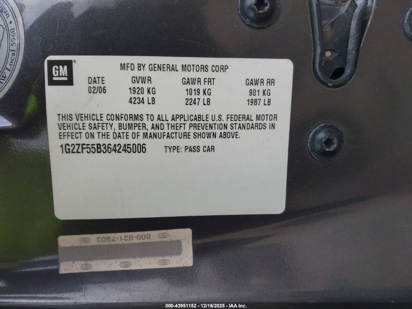 2006 Pontiac G6 VIN: 1G2ZF55B364245006 Lot: 43951152