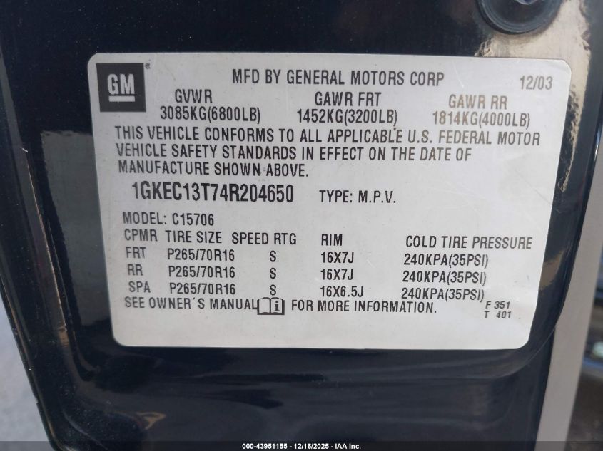 2004 GMC Yukon Slt VIN: 1GKEC13T74R204650 Lot: 43951155