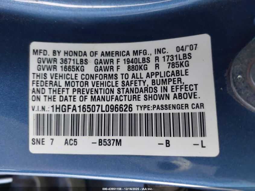 2007 Honda Civic Lx VIN: 1HGFA16507L096626 Lot: 43951156