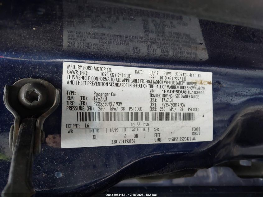 2017 Ford C-Max Hybrid Titanium VIN: 1FADP5DU8HL103691 Lot: 43951157