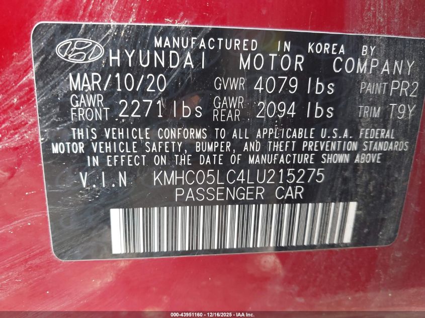 2020 Hyundai Ioniq Hybrid Limited VIN: KMHC05LC4LU215275 Lot: 43951160