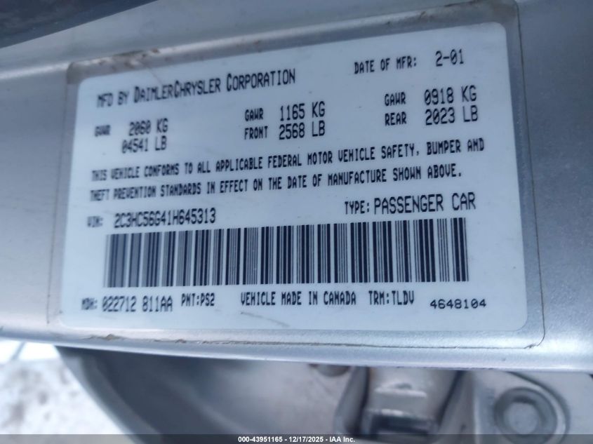 2001 Chrysler Lhs VIN: 2C3HC56G41H645313 Lot: 43951165